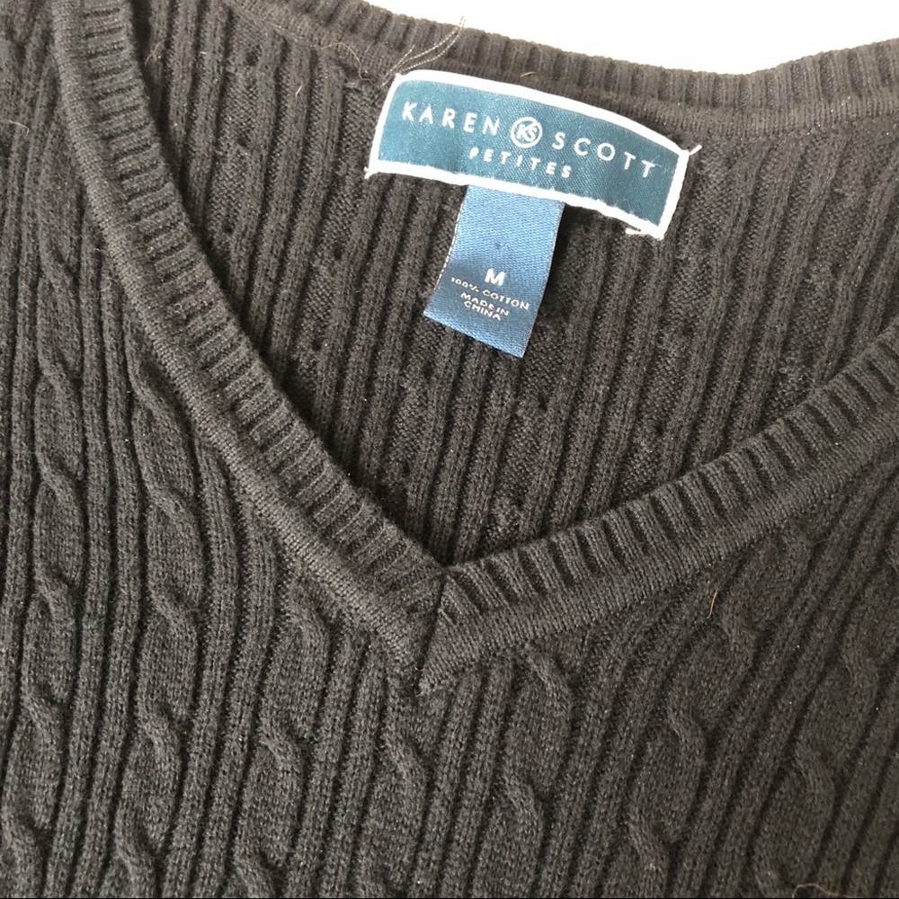 Karen Scott Cable Knit Cotton Sweater Top V Neck 3/4 Sleeve Black Petite - Picture 3 of 7